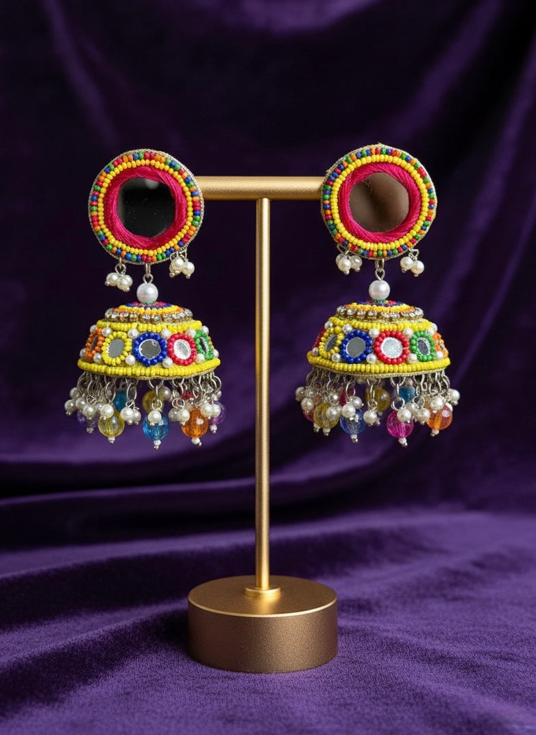 Rangili Mirror Handmade Beaded Jhumka Earrings