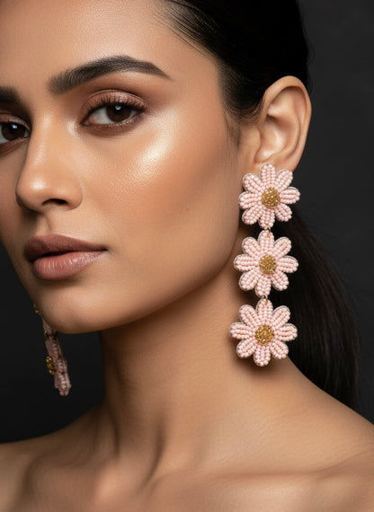 Nude Blush Petal Drops Handmade Beaded Flower Earrings