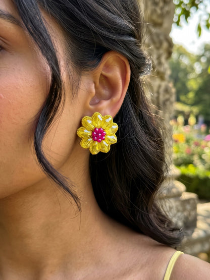 Sparkling Yellow Pink Flower Handmade Beaded Stud Earrings