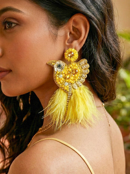 Glamorous Yellow Birdies Handmade Beaded Bird Earrings