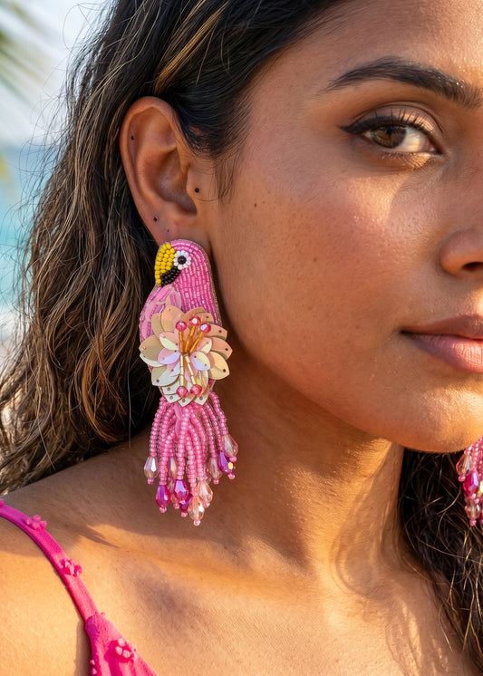 Luxe Paradise Pink Parrot Handmade Beaded Bird Earrings