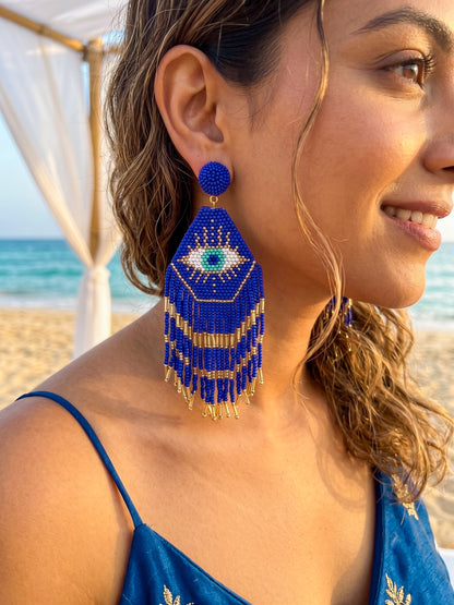 Nazarbattu Blue Evil Eye Handmade Beaded Tassel Earrings