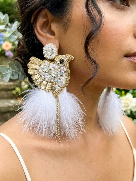 Glamorous Ivory Birdies Handmade Beaded Bird Earrings