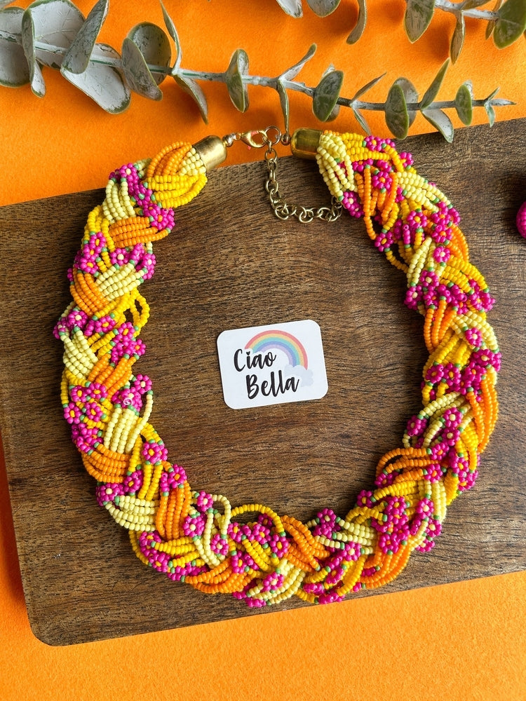 Luxe Flora Marigold Handmade Beaded Necklace + Earrings Set