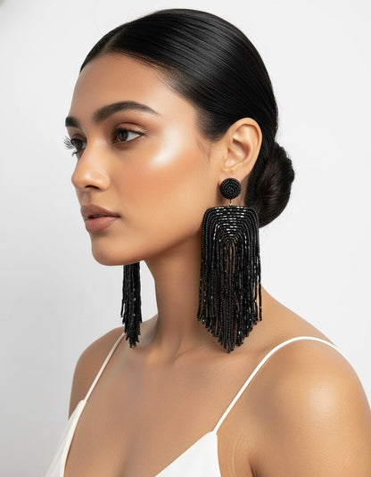Luxe Midnight Black Handmade Beaded Tassel Earrings
