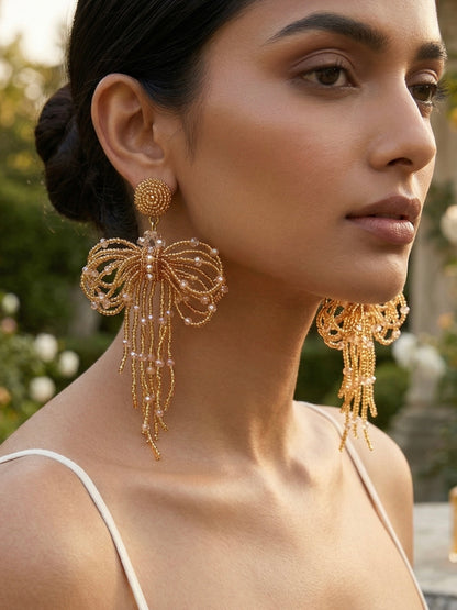 Pookie Bow (Gold) Handmade Beaded Earrings