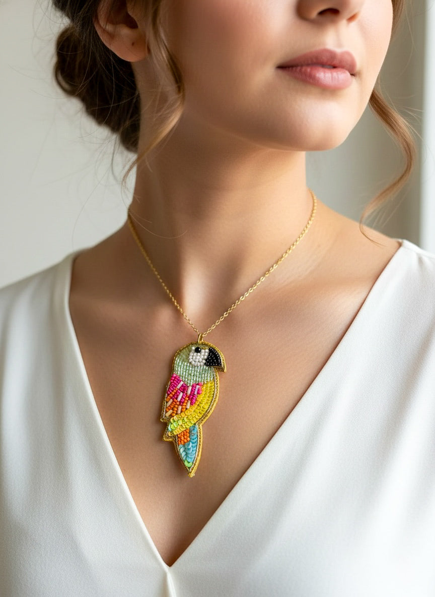Peppy Parrot Handmade Beaded Bird Necklace