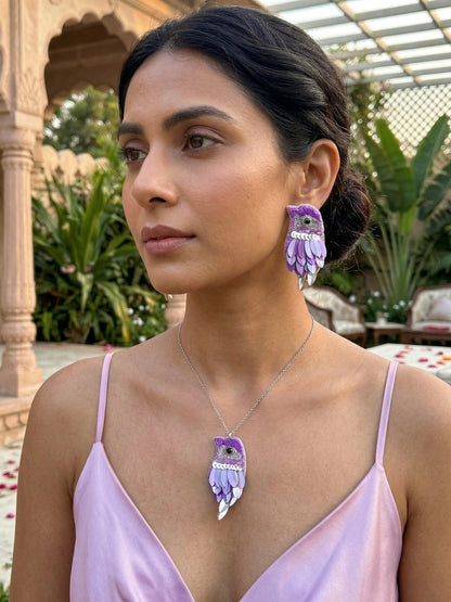 Chirpy Lilac Purple Parrot Handmade Beaded Necklace + Earrings Set