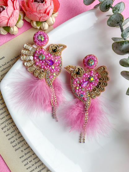 Glamorous Pink Birdies Handmade Beaded Bird Earrings