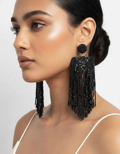 Luxe Midnight Black Handmade Beaded Tassel Earrings