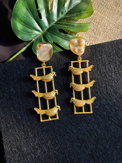 Vanya Bird Pearl Handmade Brass Earrings