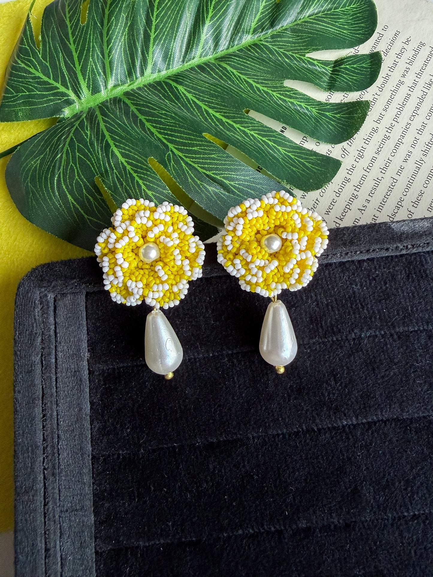 Crochet Yellow White 3D Rose Pearl Drops Flower Handmade Beaded Earrings
