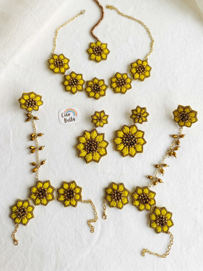Sunflower Handmade Beaded Haldi Jewellery Set (Necklace + Earrings + Hathphools + Maangtika)