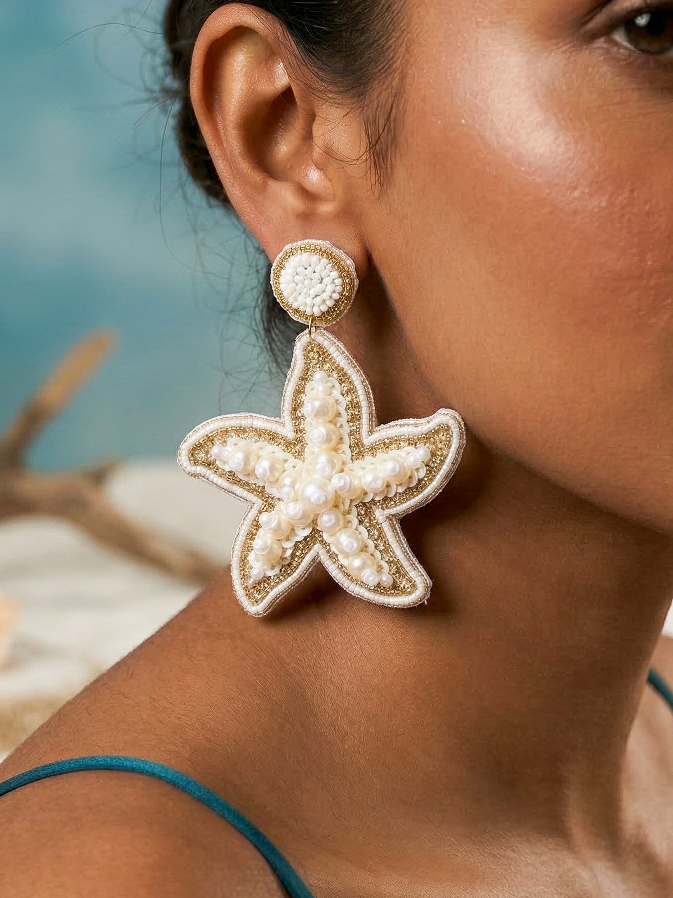 Ivory Pearl Glam Starfish Handmade Beaded Earrings