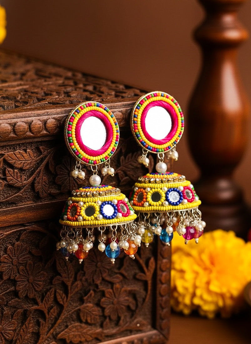Rangili Mirror Handmade Beaded Jhumka Earrings