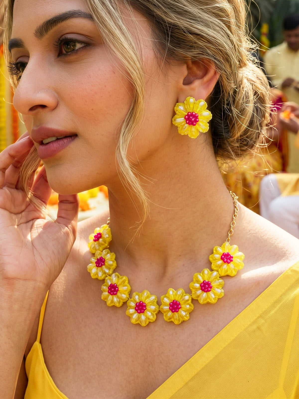 Sparkling Yellow Pink Daisy Handmade Beaded Necklace + Earrings Set