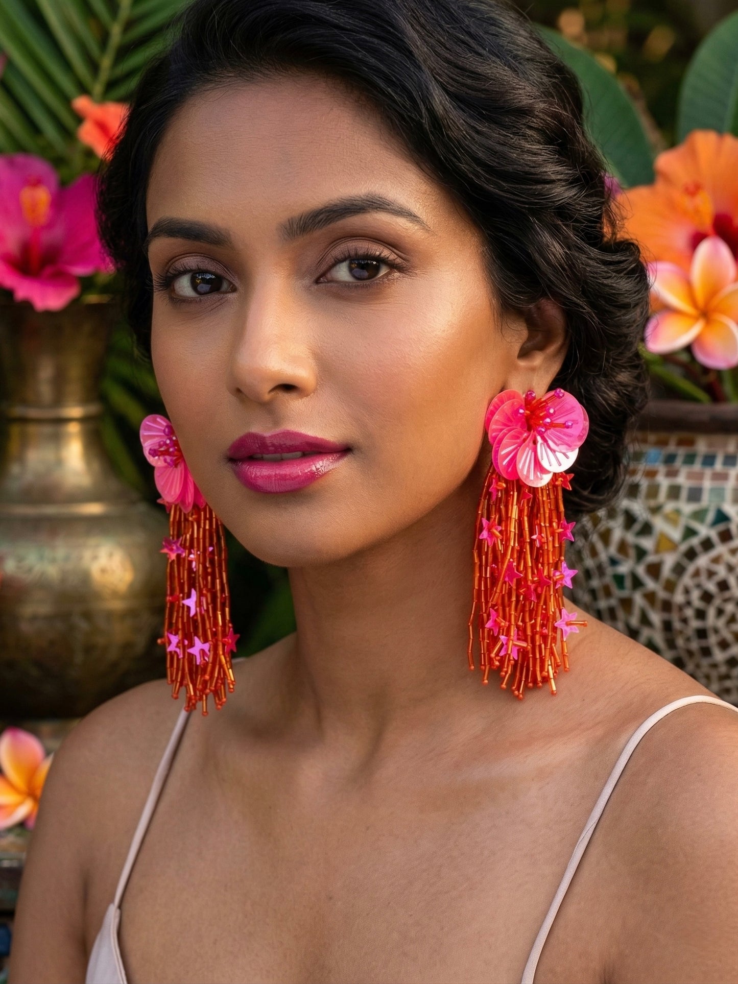 Sunset Pink Orange Star Flower Handmade Beaded Earrings