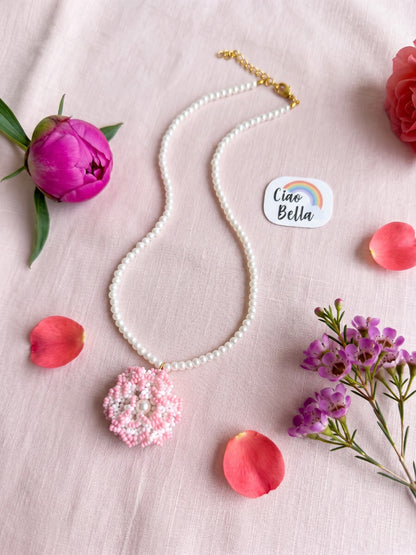 Crochet White Blush Pink 3D Rose Flower Handmade Beaded Necklace