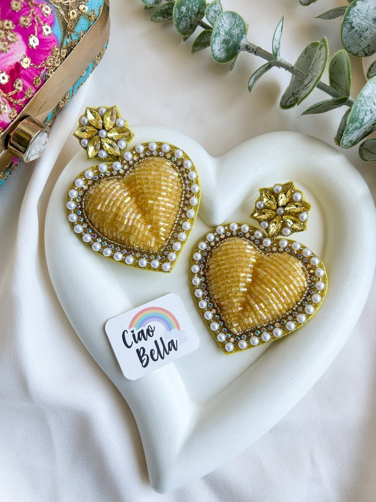 Ishqiya Yellow Heart Drop Handmade Beaded Earrings