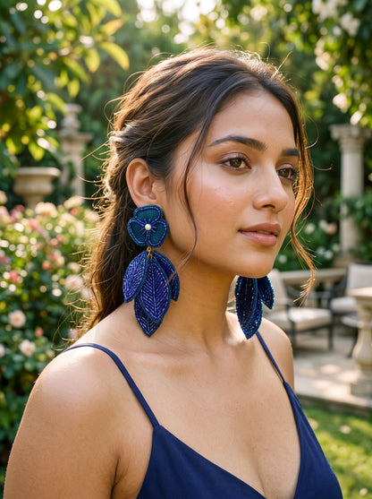 Luxe Leafy Affair Midnight Blue Handmade Beaded Earrings