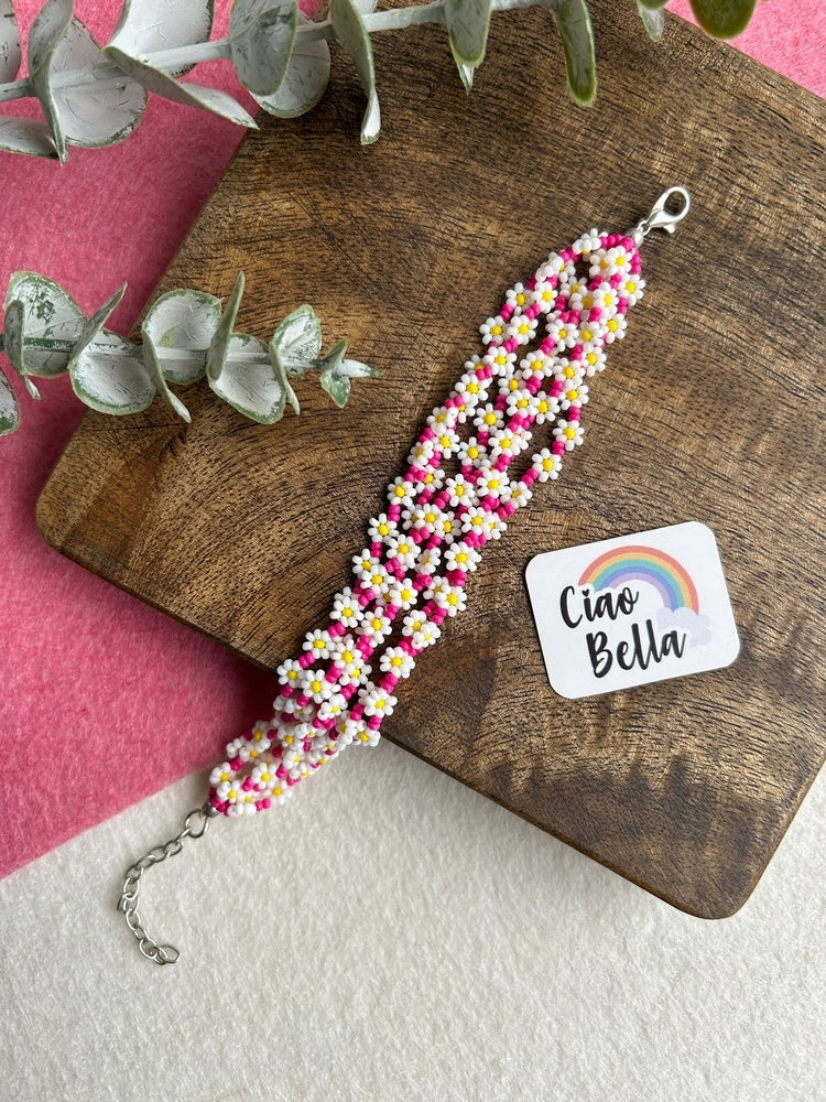 Spring Bloom Pink White Daisy Handmade Beaded Bracelet