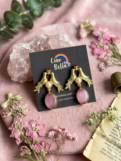 Love Birds Pink Monalisa Stone Handmade Brass Earrings
