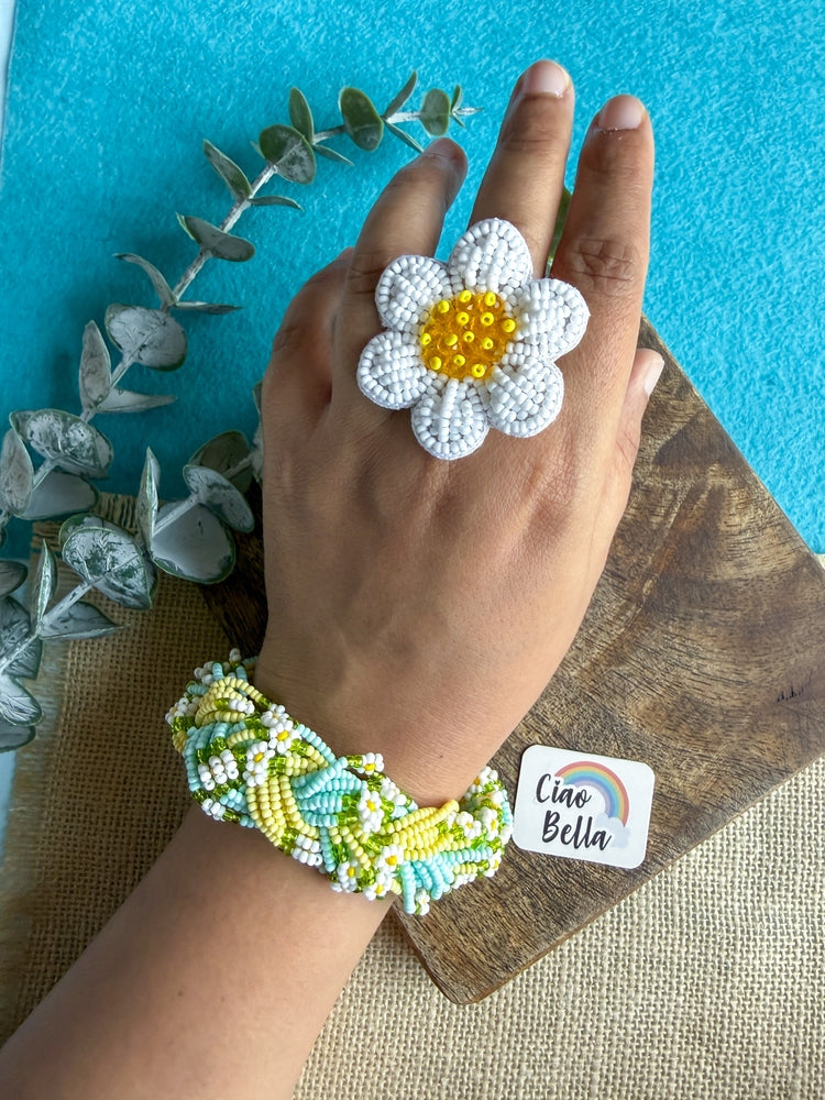 Luxe Flora Light Blue Yellow Handmade Beaded Bracelet + Ring Combo