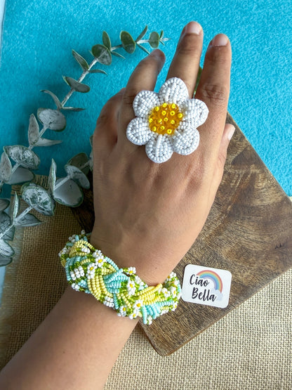 Luxe Flora Light Blue Yellow Handmade Beaded Bracelet + Ring Combo