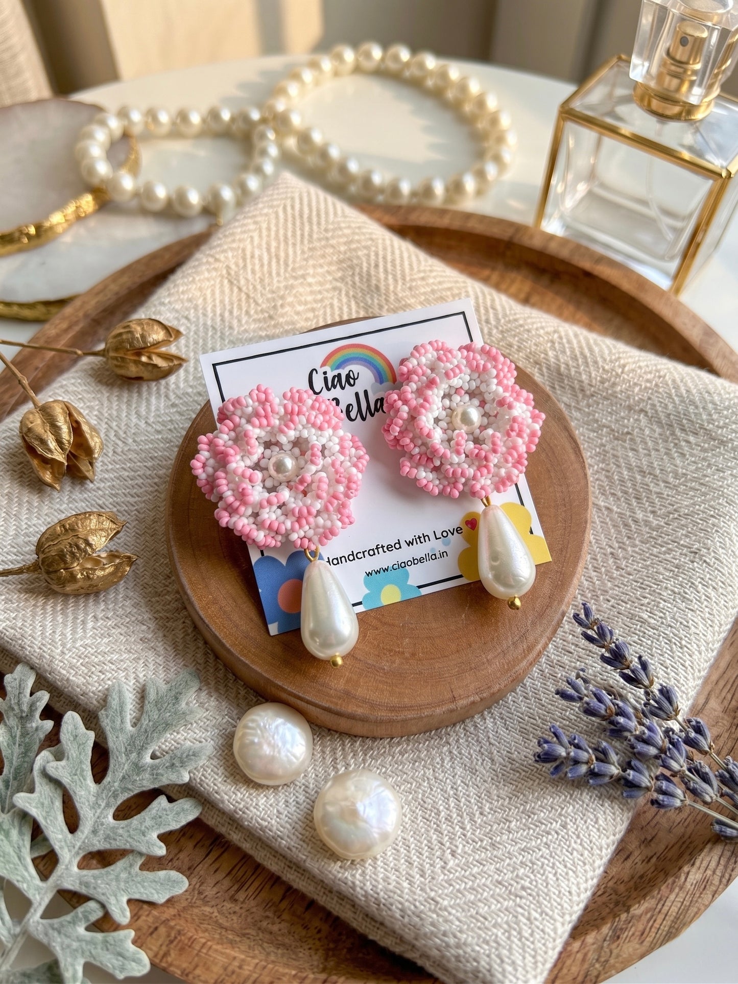 Crochet White Blush Pink 3D Rose Pearl Drops Flower Handmade Beaded Earrings