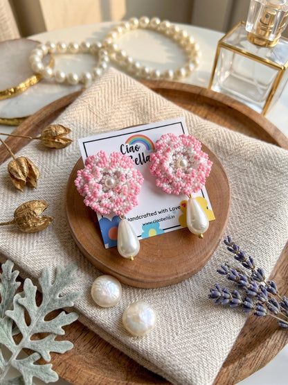 Crochet White Blush Pink 3D Rose Pearl Drops Flower Handmade Beaded Earrings