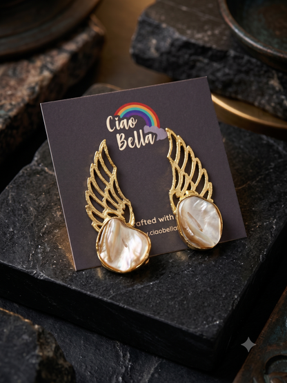 Angel Wings Mother of Pearl Handmade Brass Earrings