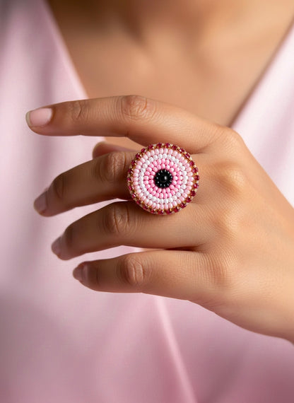 Blush Pink Evil Eye Handmade Beaded Ring