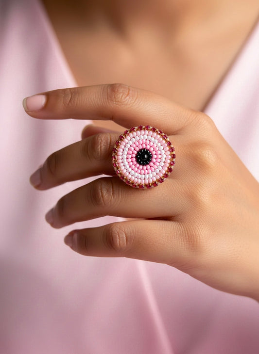 Blush Pink Evil Eye Handmade Beaded Ring