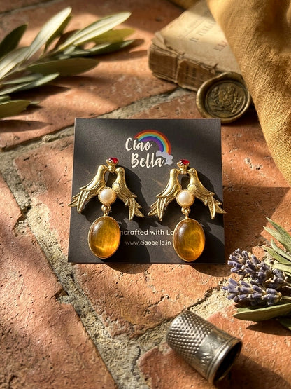 Love Birds Light Orange Monalisa Stone Handmade Brass Earrings