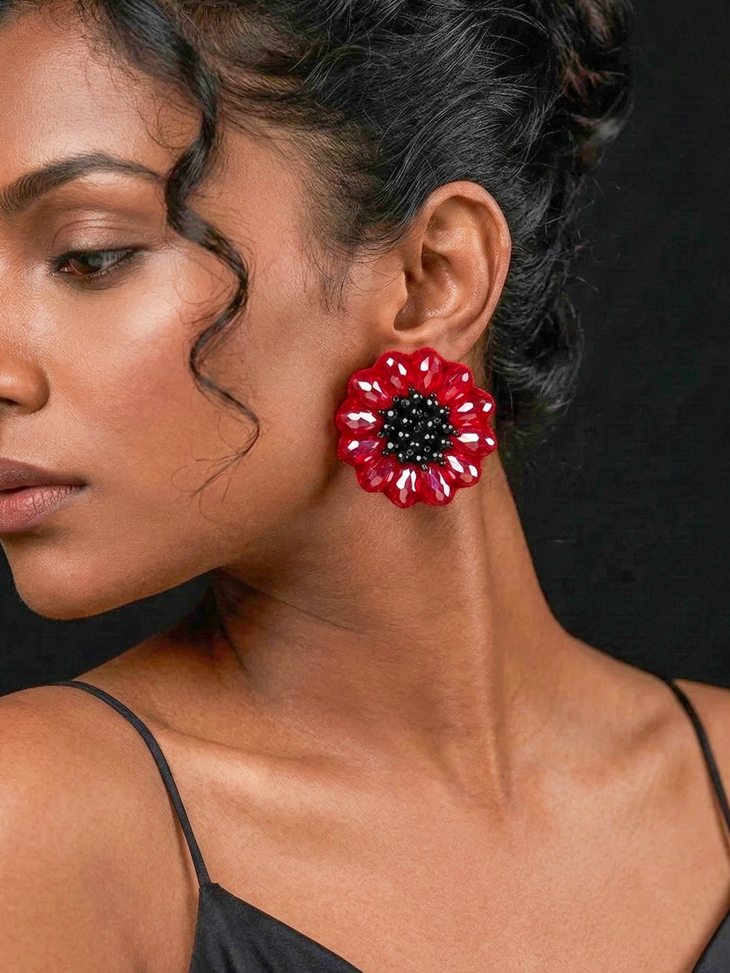 Sparkling Red Poppy Stud Handmade Beaded Earrings