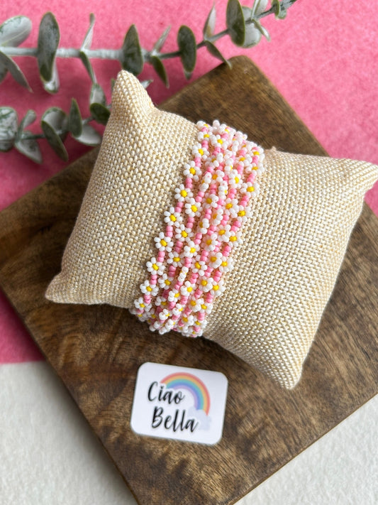 Spring Bloom Blush Pink Daisy Handmade Beaded Bracelet