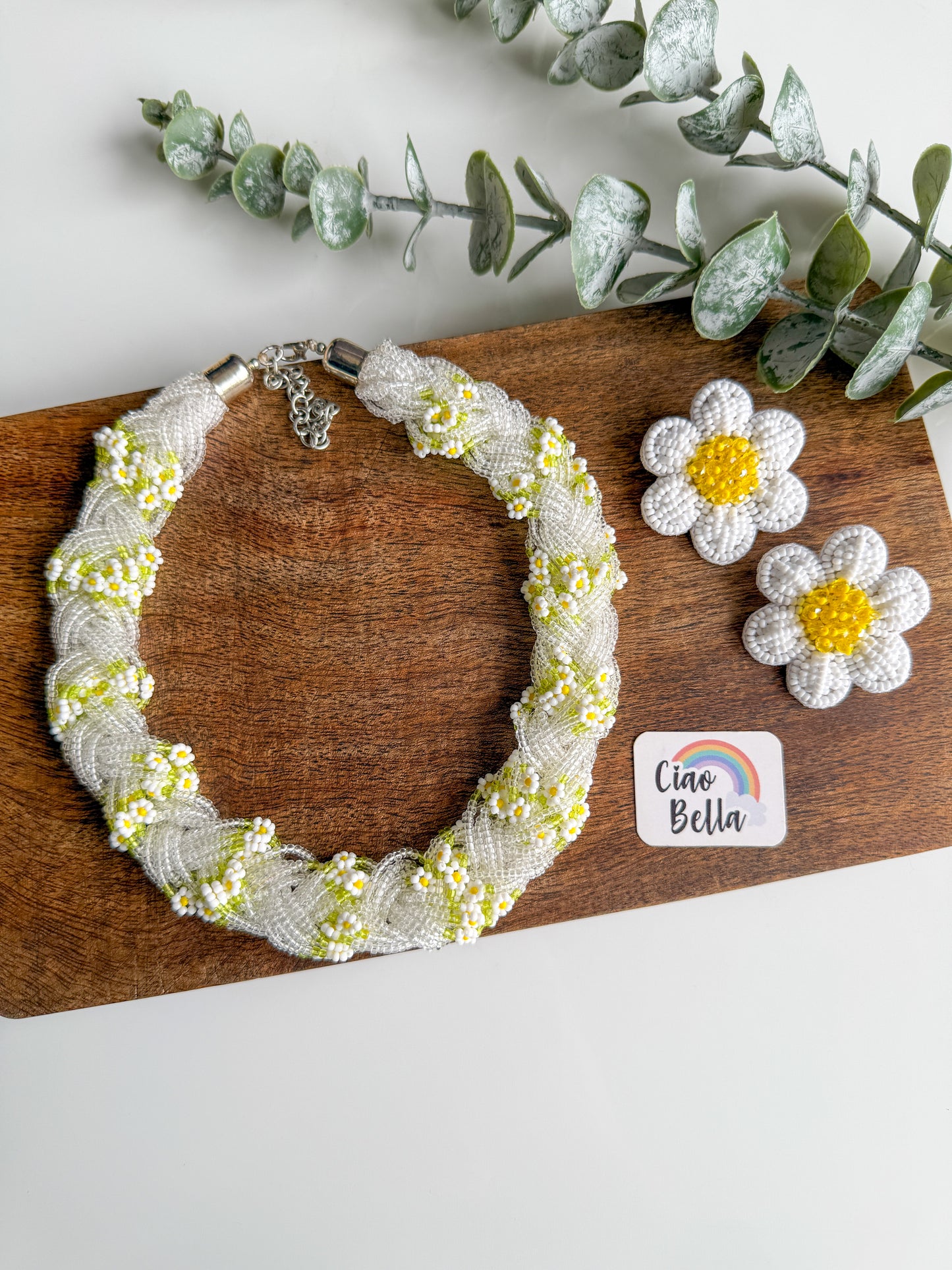 Luxe Flora Silver White Handmade Beaded Necklace + Earrings Set