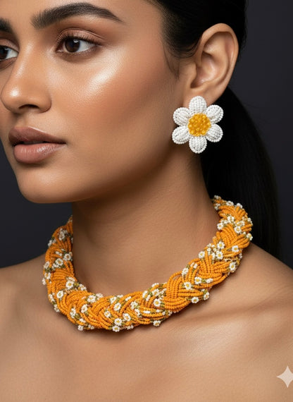 Luxe Flora Orange Handmade Beaded Necklace + Earrings Set