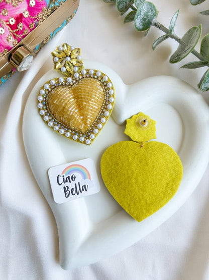 Ishqiya Yellow Heart Drop Handmade Beaded Earrings