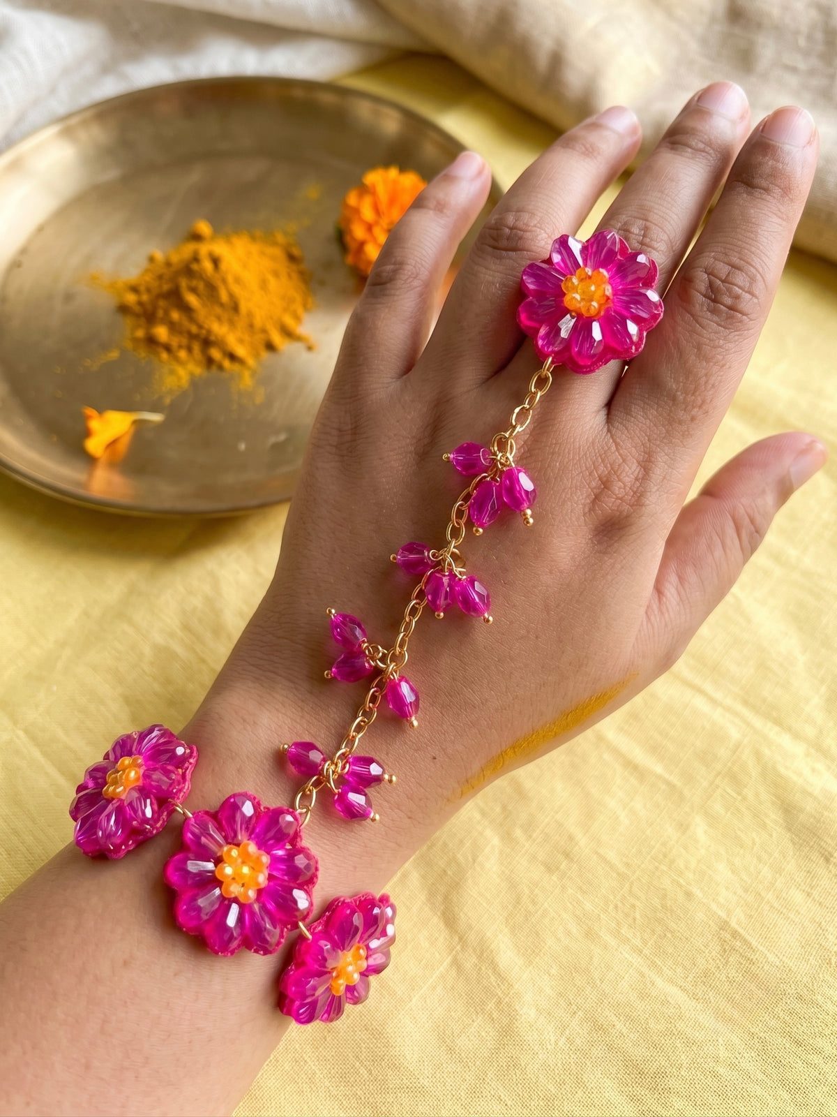 Sparkling Hot Pink Daisy Flower Handmade Beaded Hathphool (Single Hand)