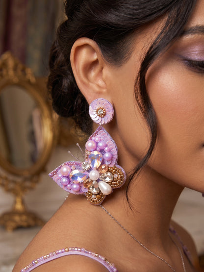 Luxe Crystal Lilac Purple Handmade Beaded Butterfly Earrings