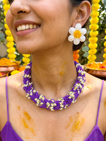Luxe Flora Purple Handmade Beaded Necklace + Earrings Set