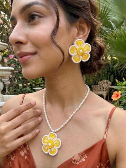 Sunshine Yellow Blossom Flower Handmade Beaded Necklace + Earrings Set