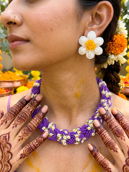 Luxe Flora Purple Handmade Beaded Necklace + Earrings Set