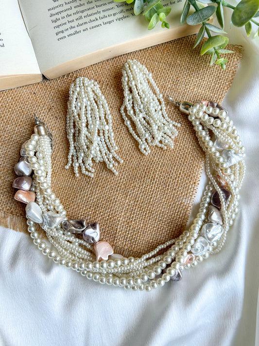 Celeste Pearl Handmade Necklace + Earrings Set - Ivory & Peach