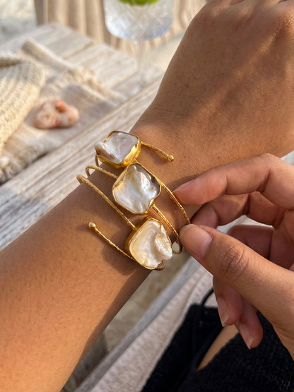 Golden Tide Mother of Pearl Handmade Brass Cuff Bracelet