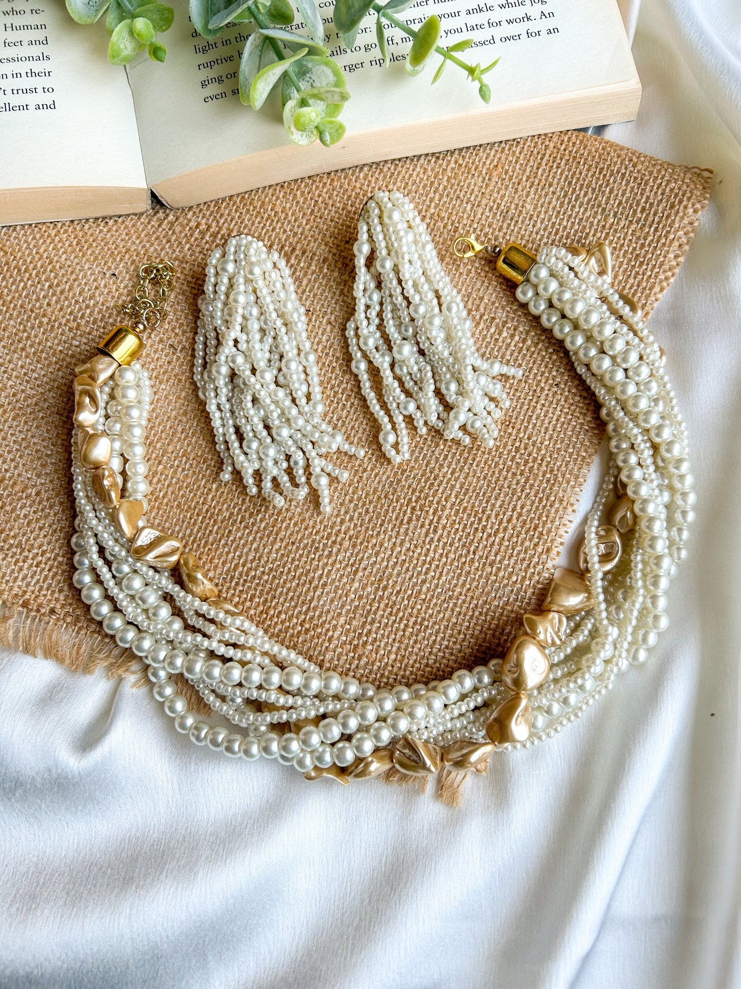 Celeste Pearl Handmade Necklace + Earrings Set - Golden