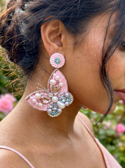 Luxe Crystal Blush Pink & Blue Handmade Beaded Butterfly Earrings