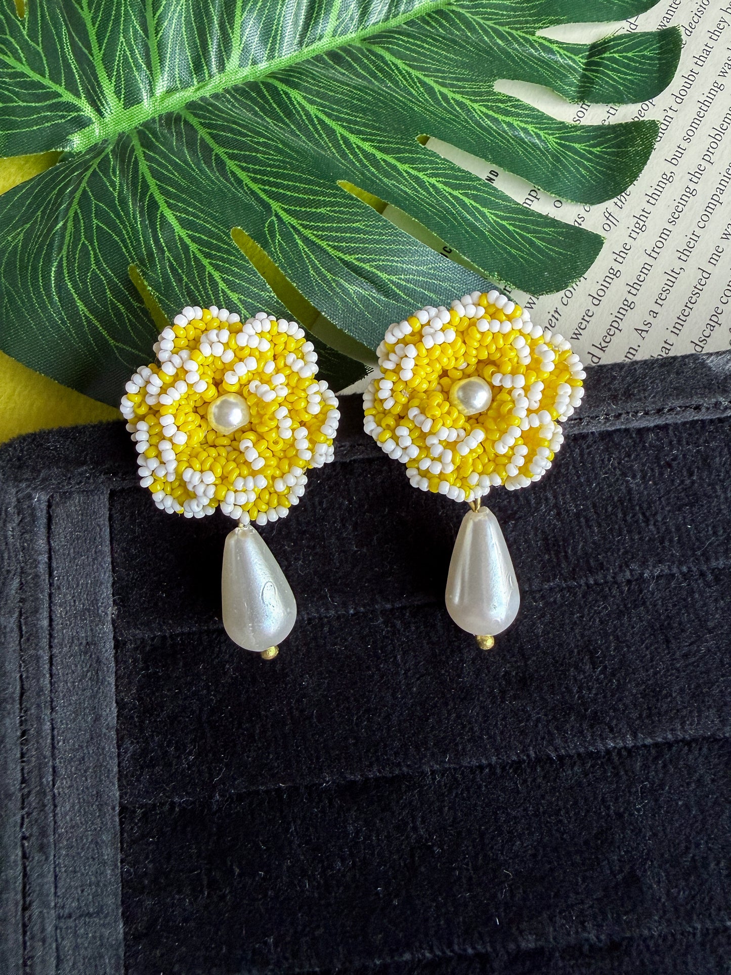 Crochet Yellow White 3D Rose Pearl Drops Flower Handmade Beaded Earrings