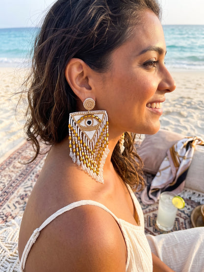 Luxe Evil Eye White Handmade Beaded Tassel Earrings